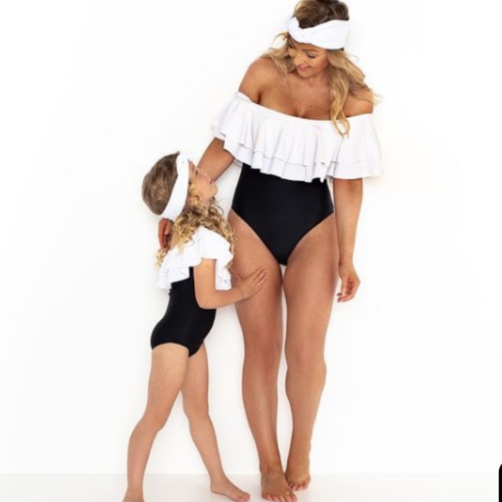 Ruffle Off-Shoulder One-Piece Swimsuit - Black/White - Picture 2 of 7